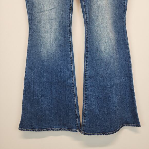 Fashion Nova Flare Bell Bottom Jeans Size 13 32" Blue Mid Rise Distressed Hippie - Picture 4 of 12